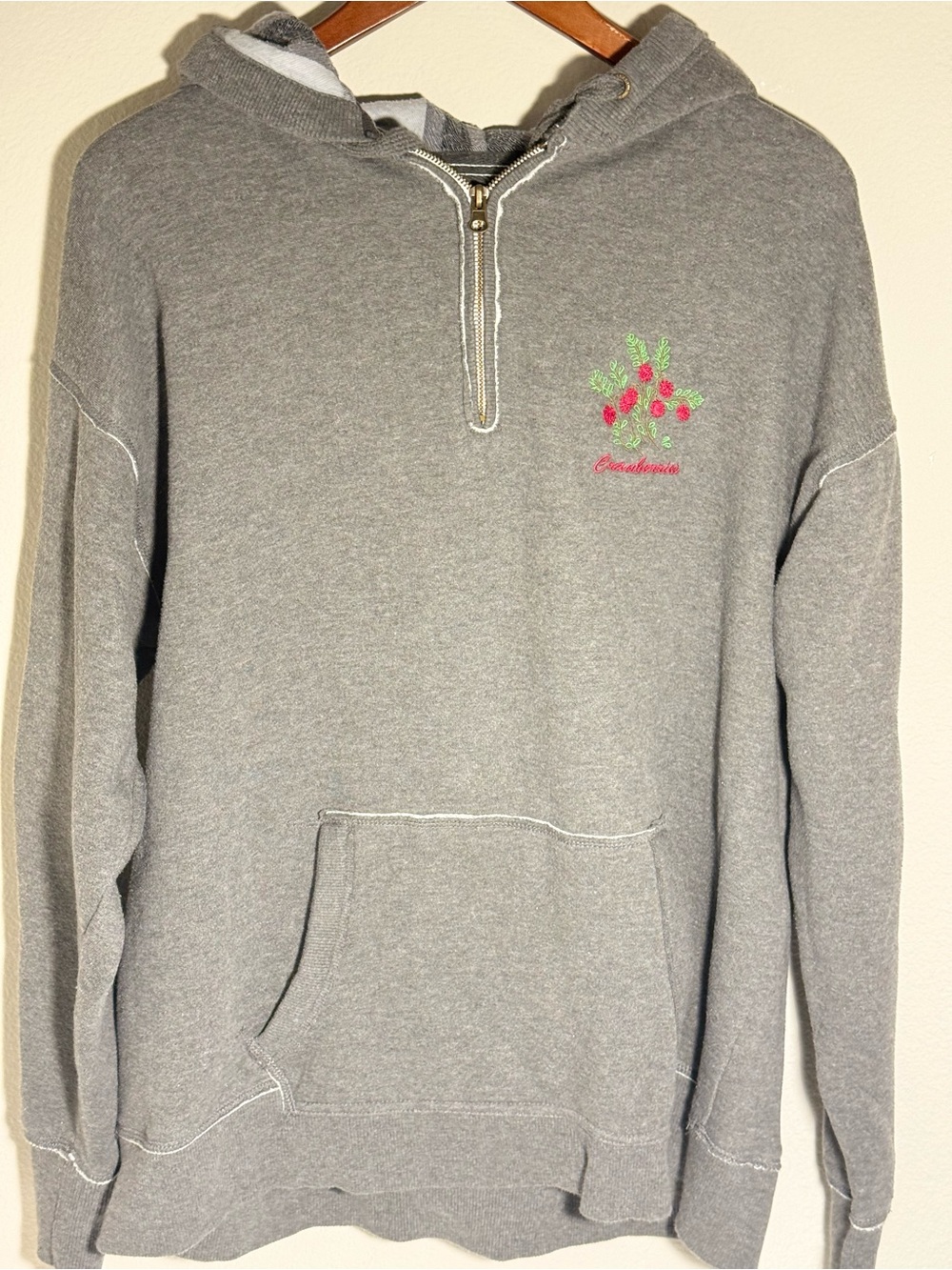 J.America gray quarter zip hoodie with embroidered cranberries - plaid hood